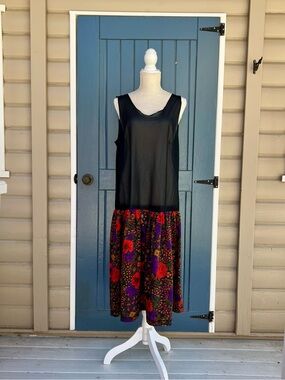 Vintage 1980s Drop Waist Floral Pleated Midi Dress - Size 16W (Made in USA)